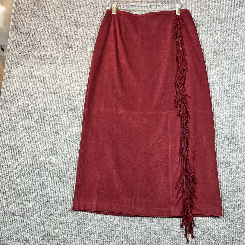 Norton McNaughton Maxi Skirt Faux Suede Burgundy Fringe Westerncore Boho 10